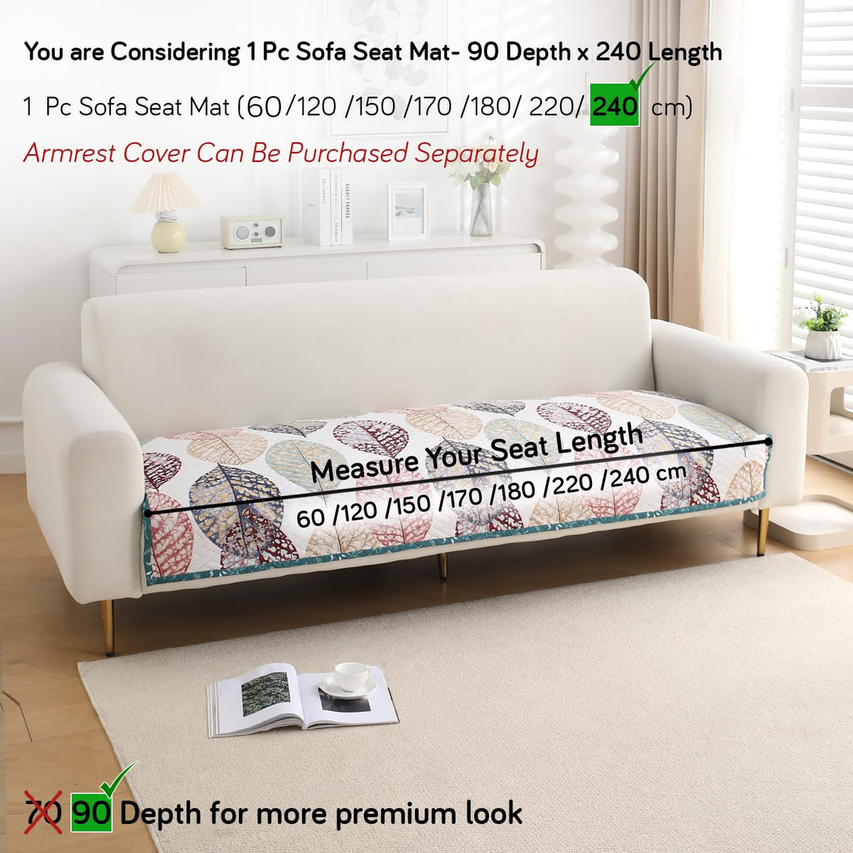 'Homehues' Printed Quilted Sofa Cover Mats, Multicolor Linden Leaf