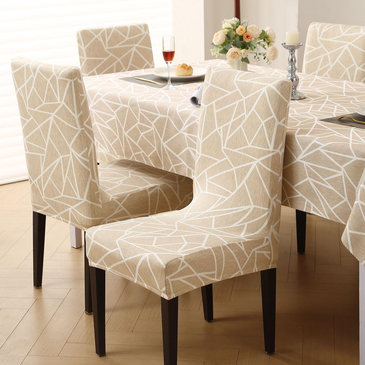 Elastic Dining Chair Covers with Matching Tablecloth, Beige Abstract Geometry