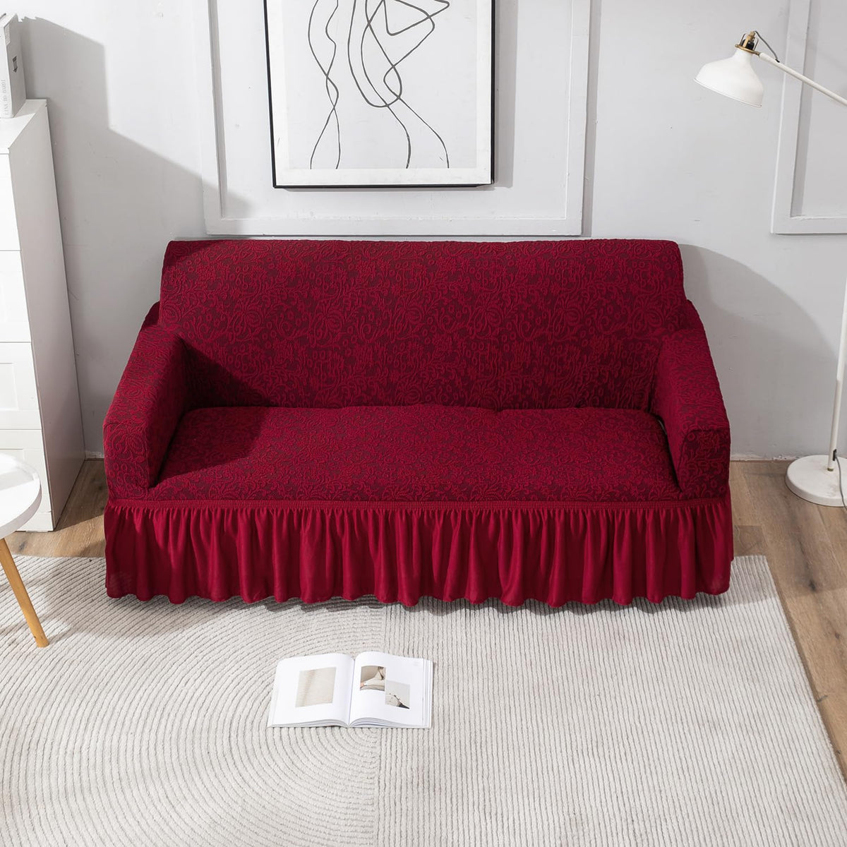 Wine Red three seater designer woven jacquard frill sofa cover set