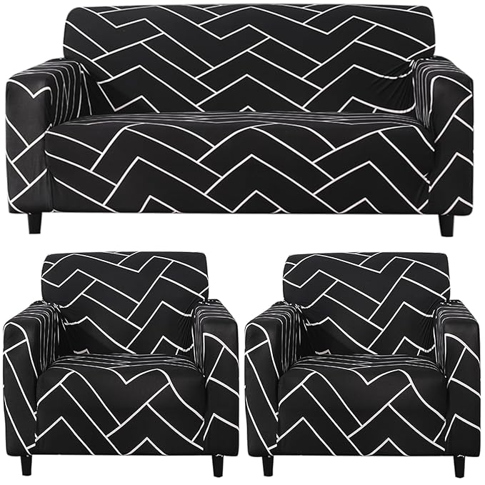 Elastic Stretchable Printed Sofa Cover, Black Chevron