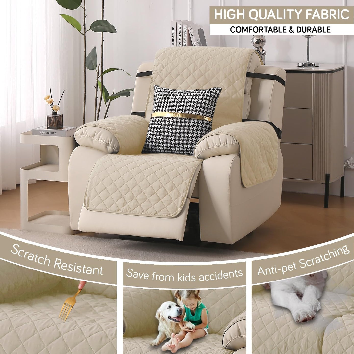 UrbanQuilt Recliner Sofa Slipcover Mat with Dual Belt for 1/2/3 Seater - Cream
