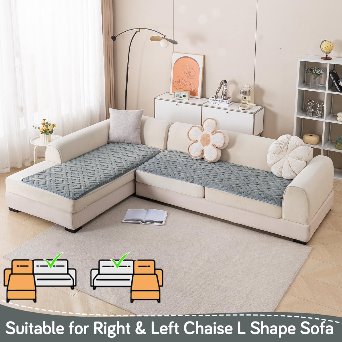 Velvet Maze Premium L Shape Sofa Cover Seat Mat, Dark Grey