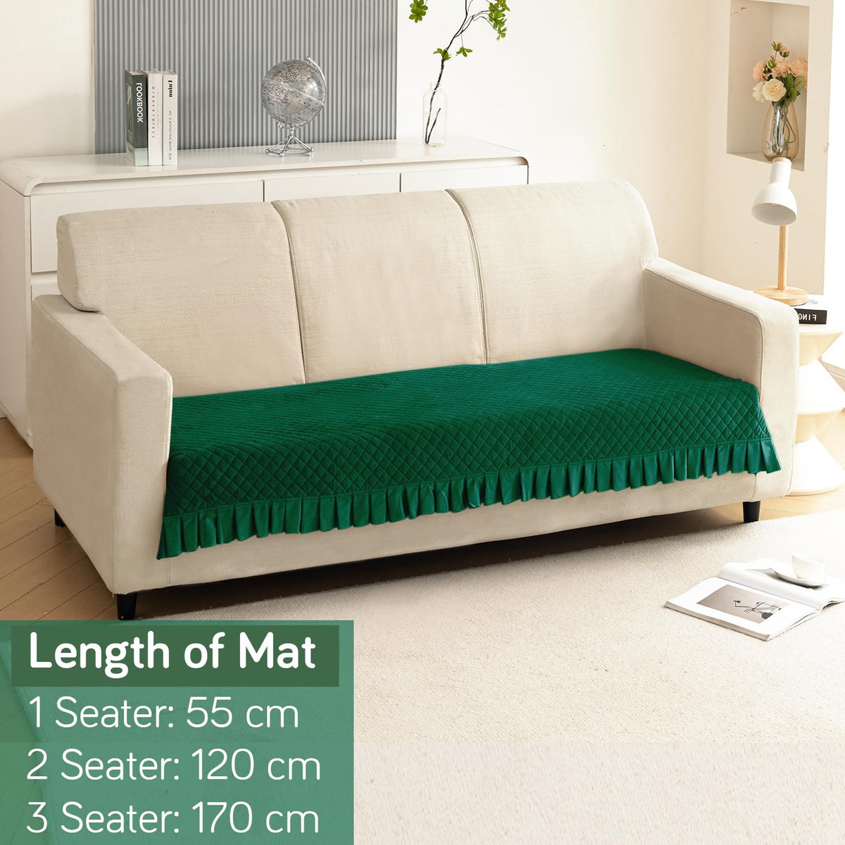 Holland Velvet Sofa Cover Seat Mat with Frill for 1/2/3 - Seater, Bottle Green