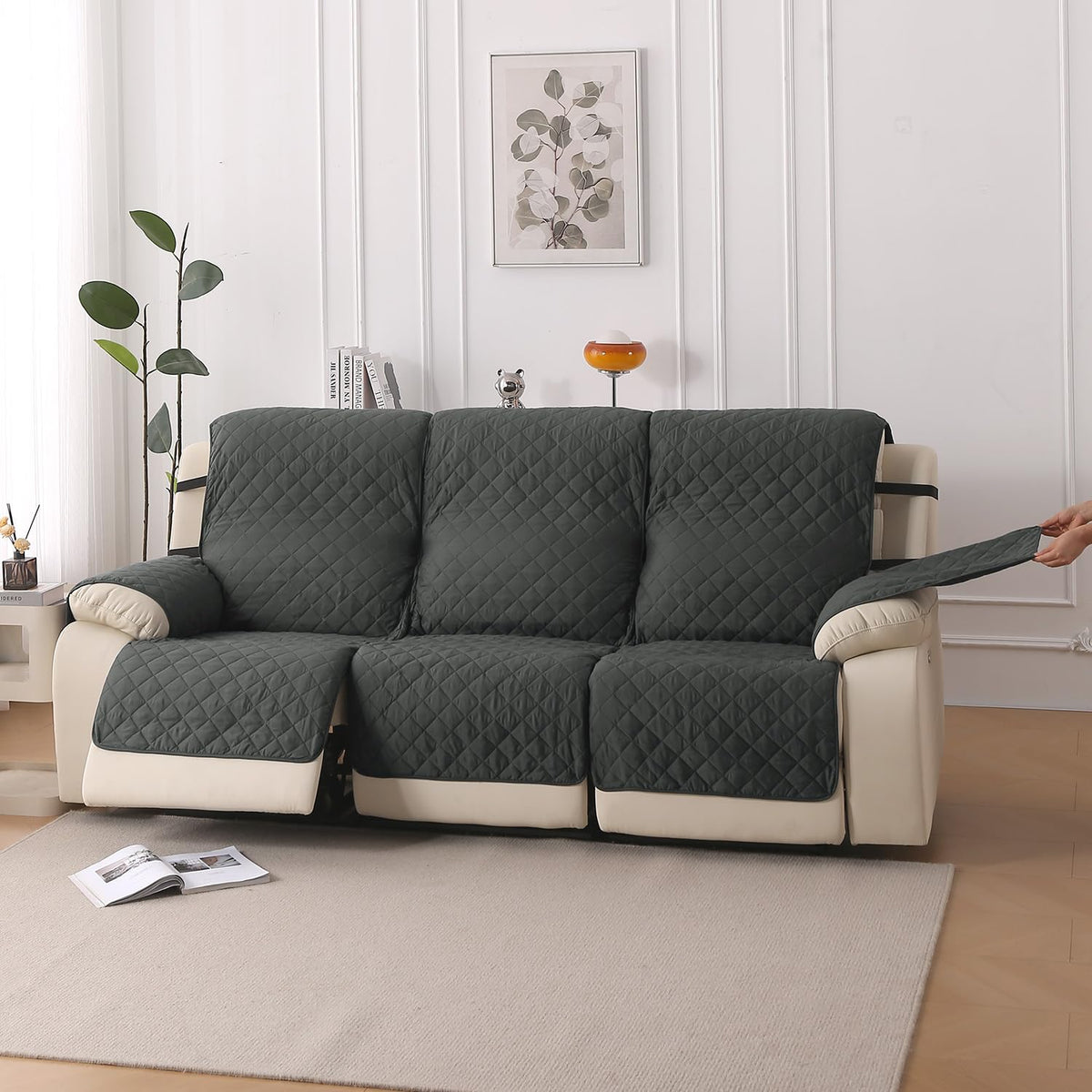 UrbanQuilt Recliner Sofa Slipcover Mat with Dual Belt for 1/2/3 Seater - Anchor Grey