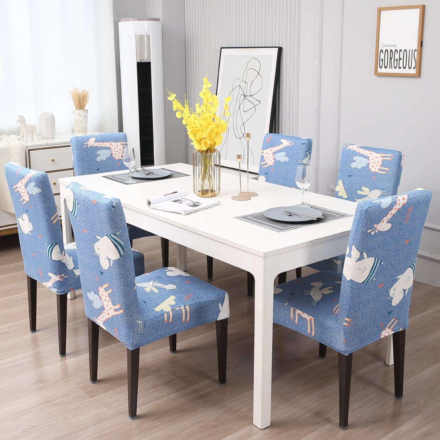 Elastic Stretchable Dining Chair Cover, Sky Blue Happy Animals