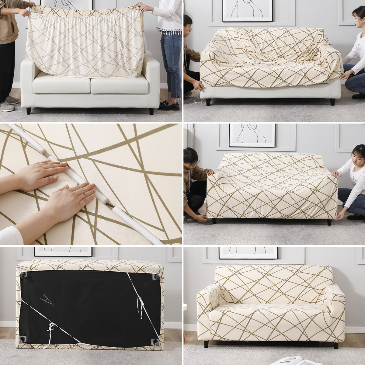Step-by-step guide on How to put on Beige Abstarct Lines Print elastic sofa cover