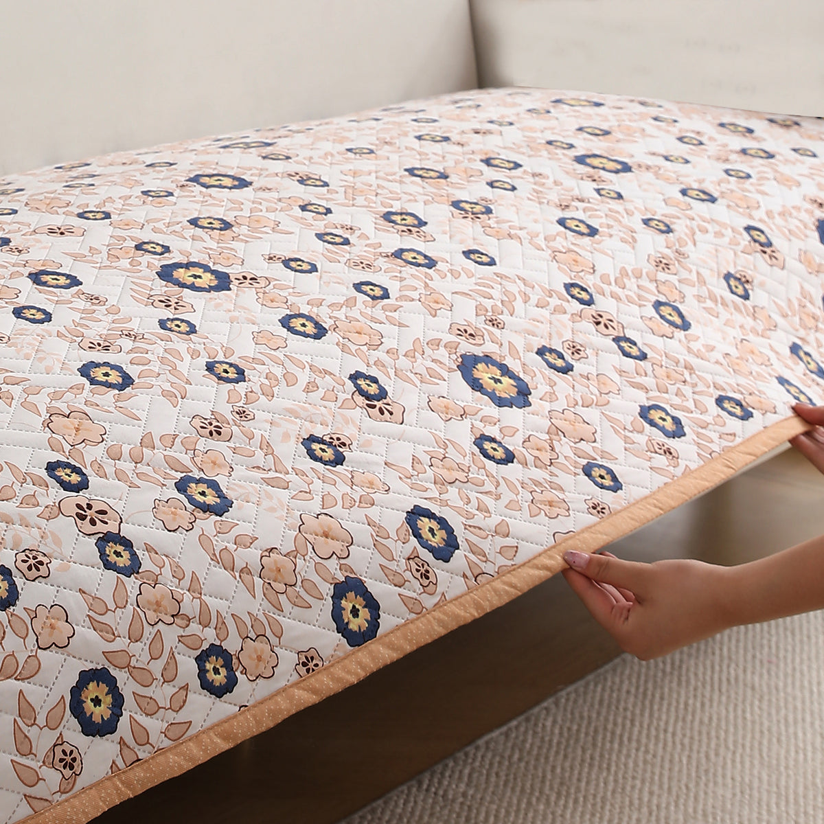 'Homehues' Printed Quilted Sofa Cover Mats,Light Peach Candytuft