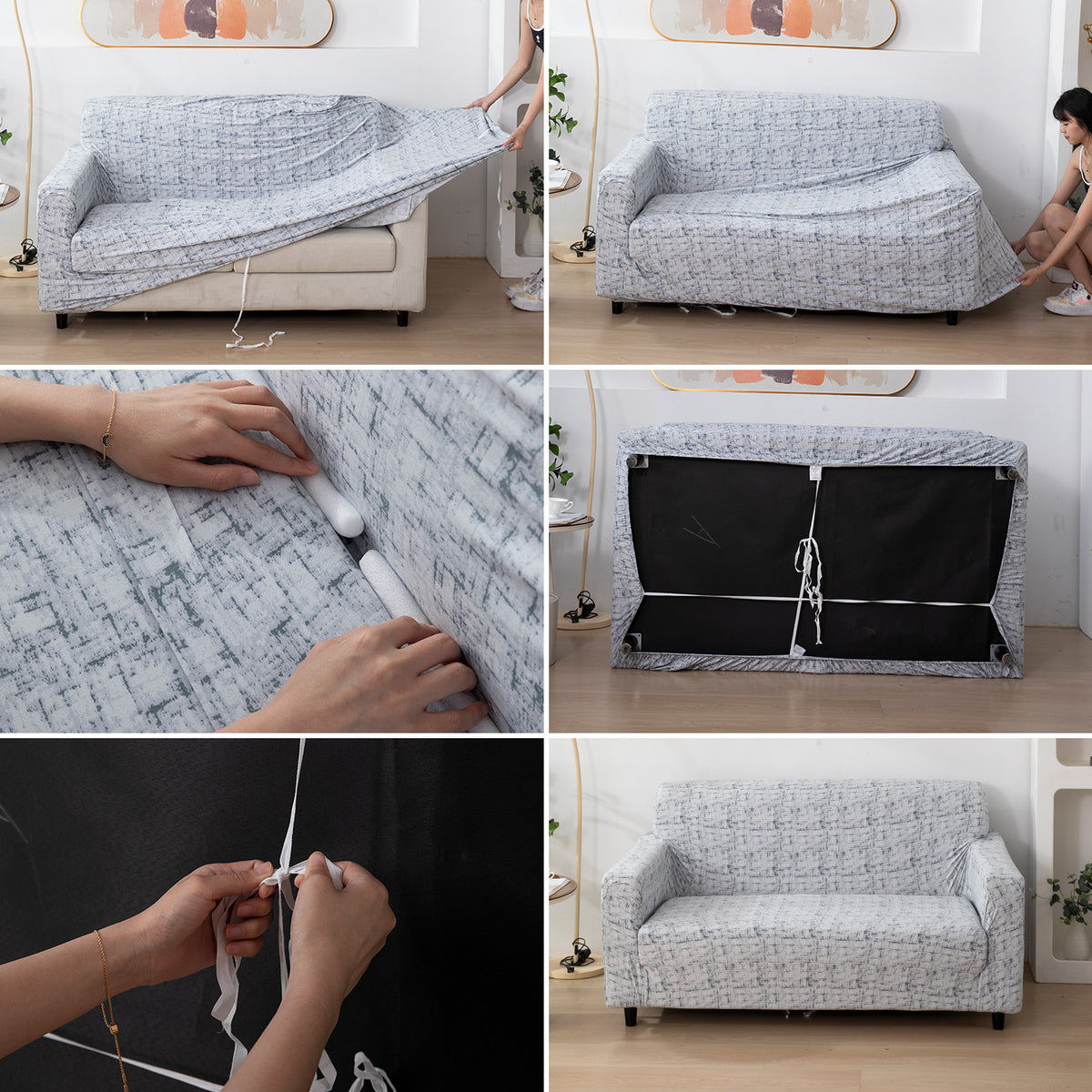 Step-by-step guide on How to put on Abstract Grey Lines Printed elastic sofa cover