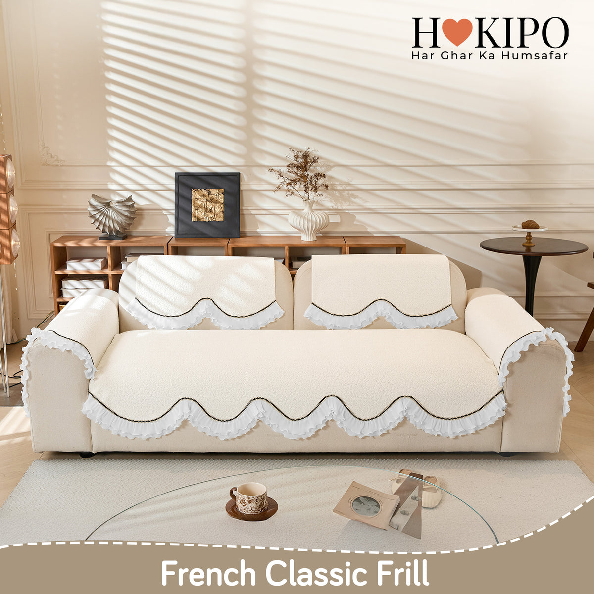 French Classic Frill Wavy Sofa Cover Mat, Snow White Ivory