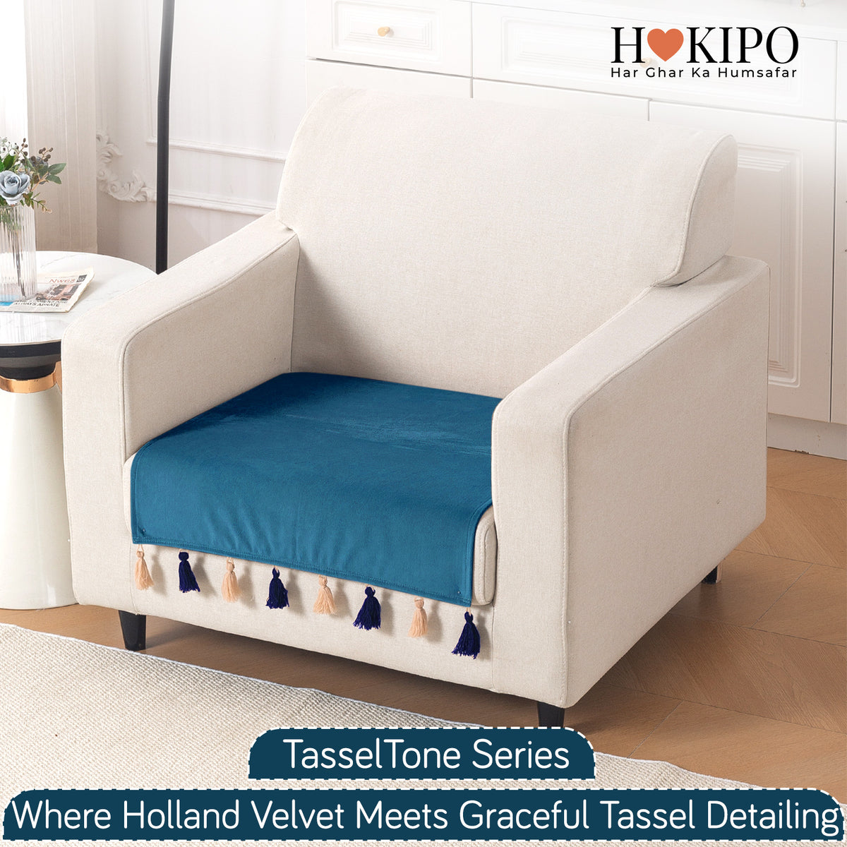 Tassel Tone Holland Velvet Sofa Cover Mat, Sea Blue