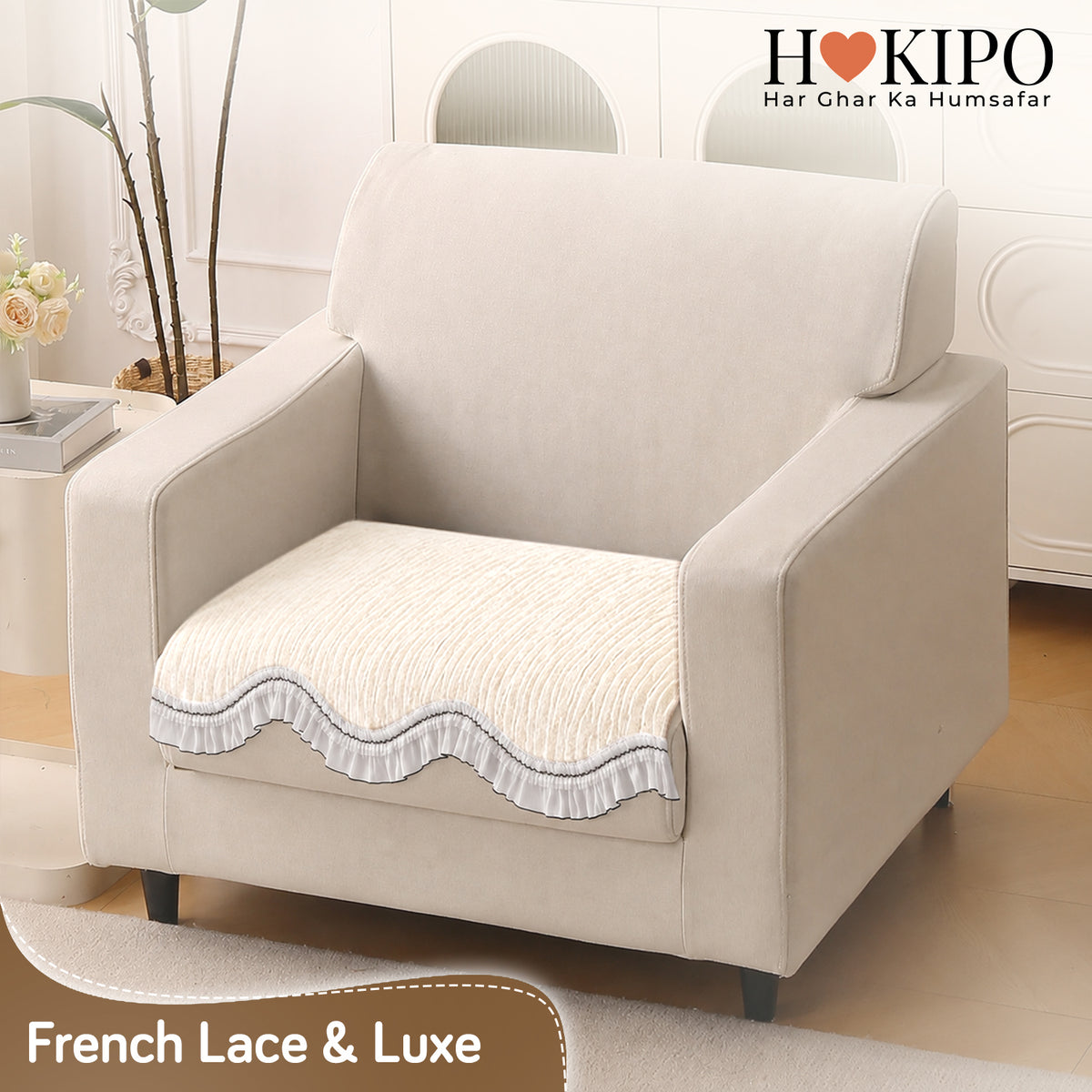 French Lace & Luxe with White Ruffle Edge Sofa Cover Mat, Pearl Sheen White
