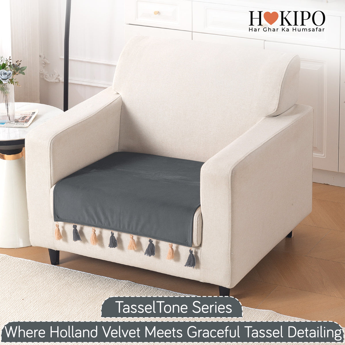 Tassel Tone Holland Velvet Sofa Cover Mat, Graphite Grey