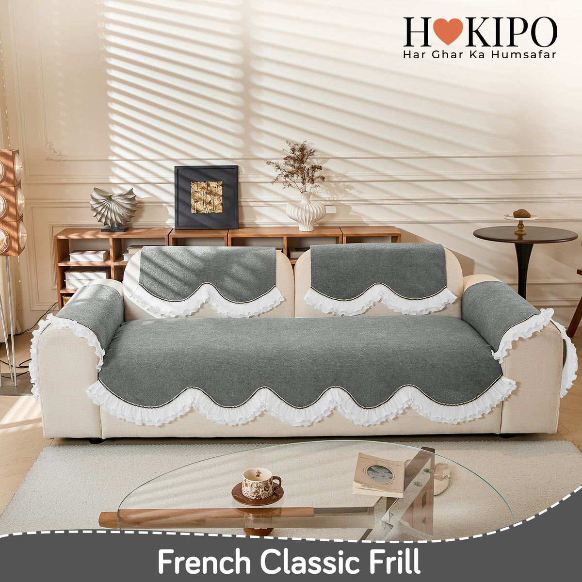 French Classic Frill Wavy Sofa Cover Mat, Moonstone Grey