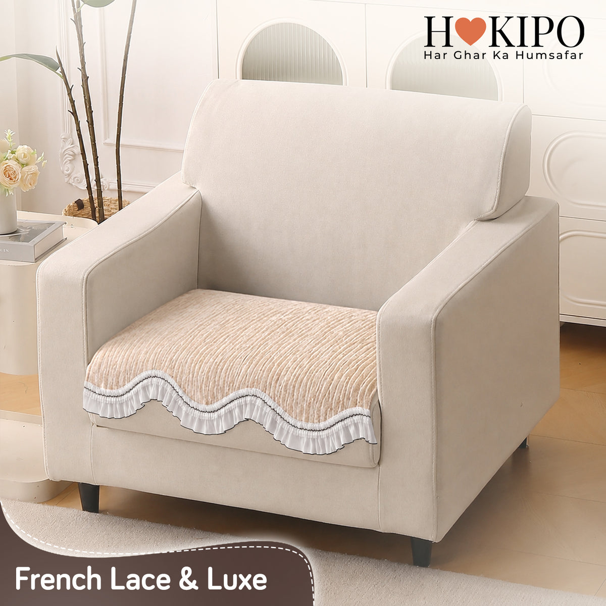 French Lace & Luxe with White Ruffle Edge Sofa Cover Mat, Oakwood Brown