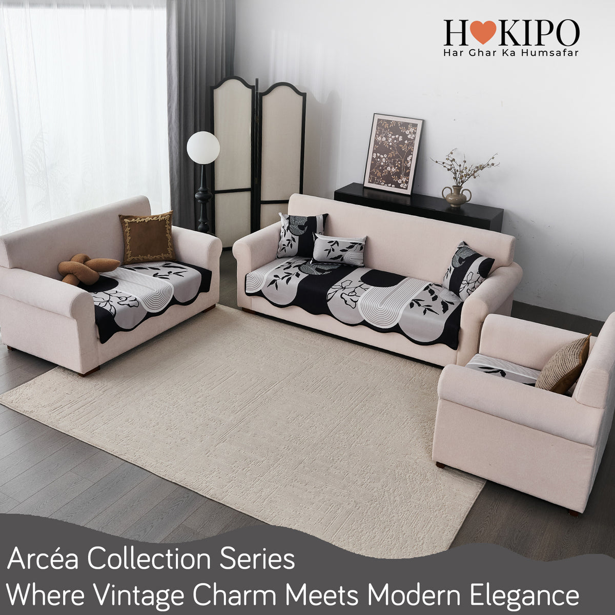 Arcea Chenille With Curved Edges Sofa Cover Mat, Grey Abstract Botanical
