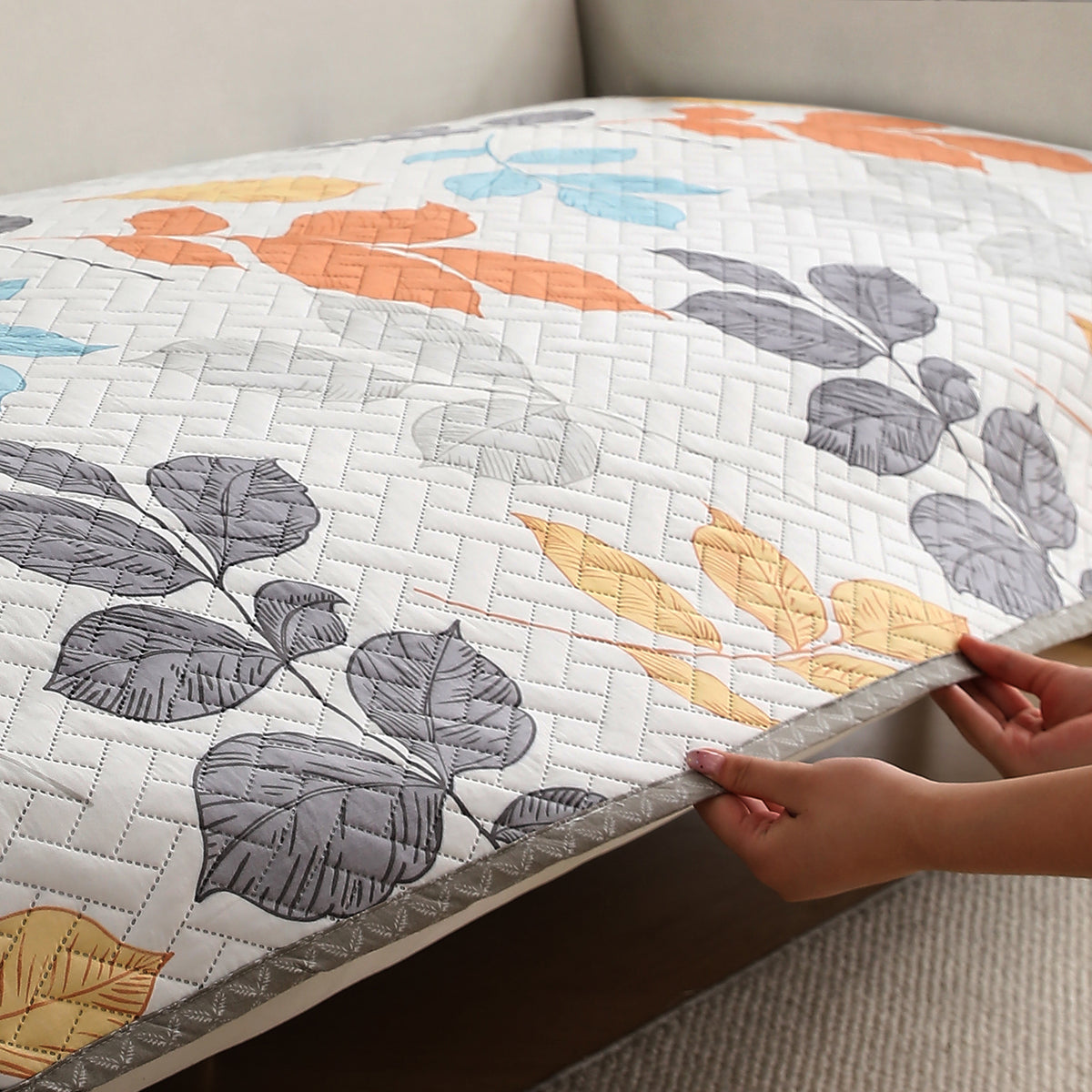 'Homehues' Printed Quilted Sofa Cover Mats, Multicolor Leaves