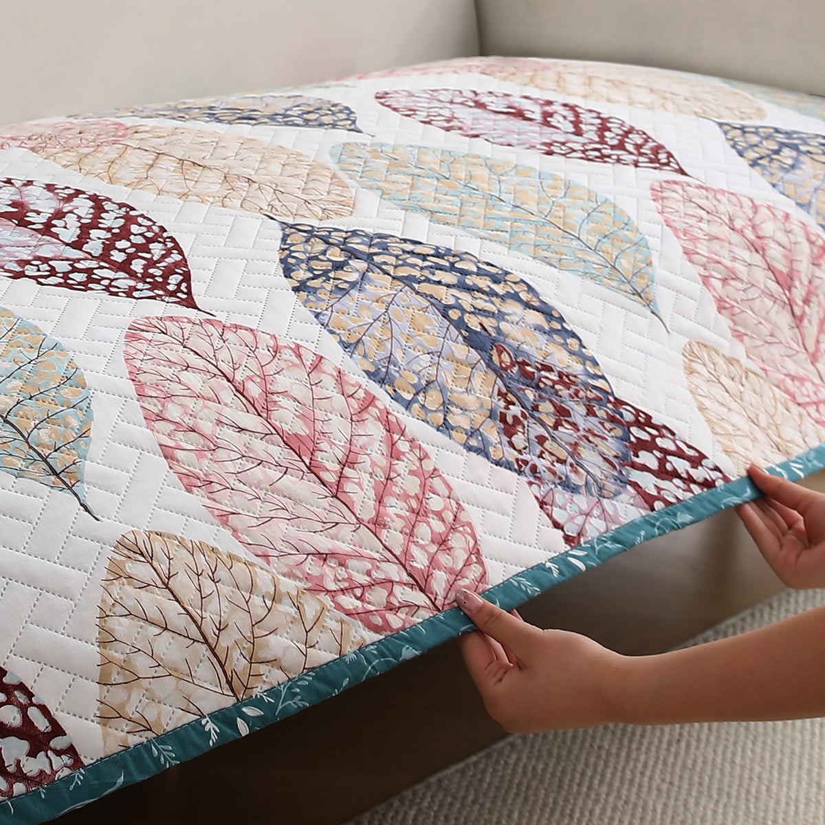 'Homehues' Printed Quilted Sofa Cover Mats, Multicolor Linden Leaf