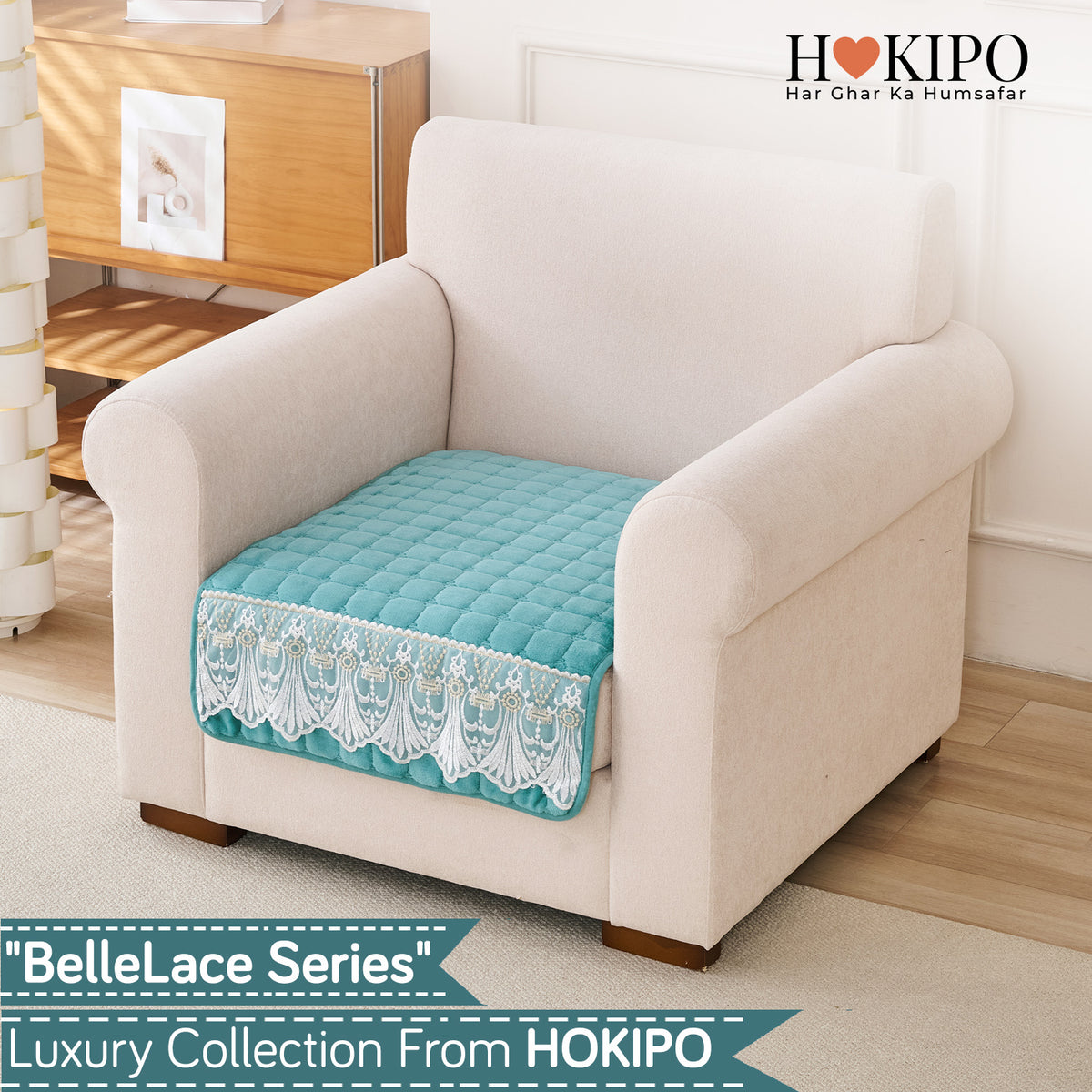 BelleLace Series Imperial Milk Velvet Sofa Cover Mat with Lace Design - Teal