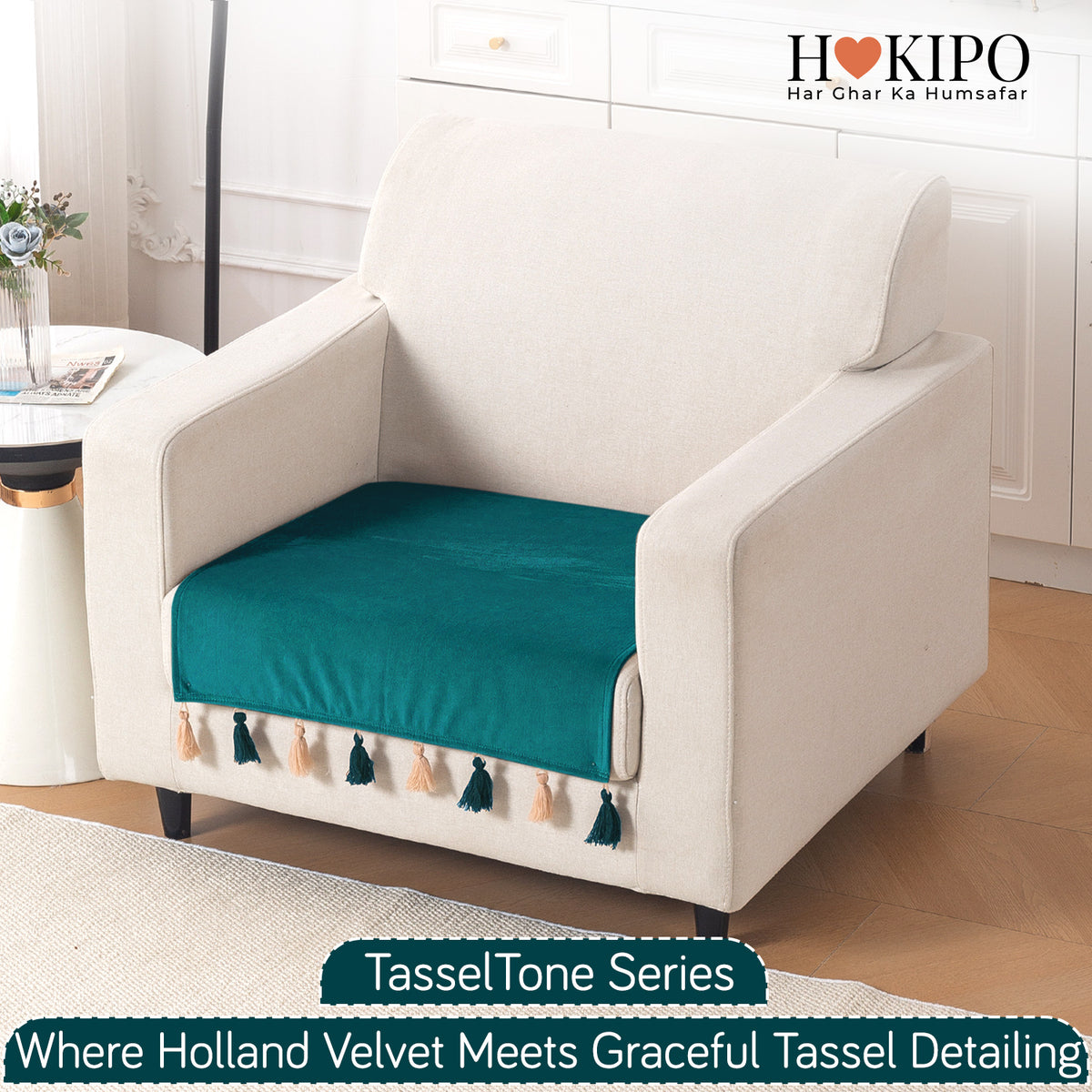 Tassel Tone Holland Velvet Sofa Cover Mat, Teal