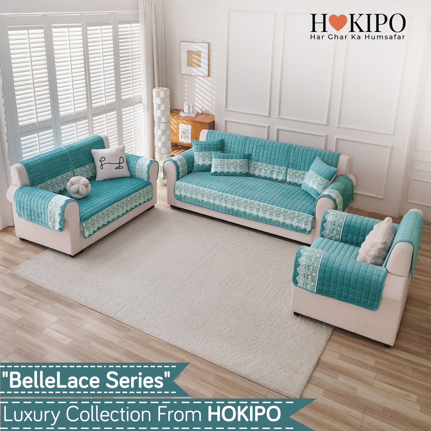 BelleLace Series Imperial Milk Velvet Sofa Cover Mat with Lace Design - Teal