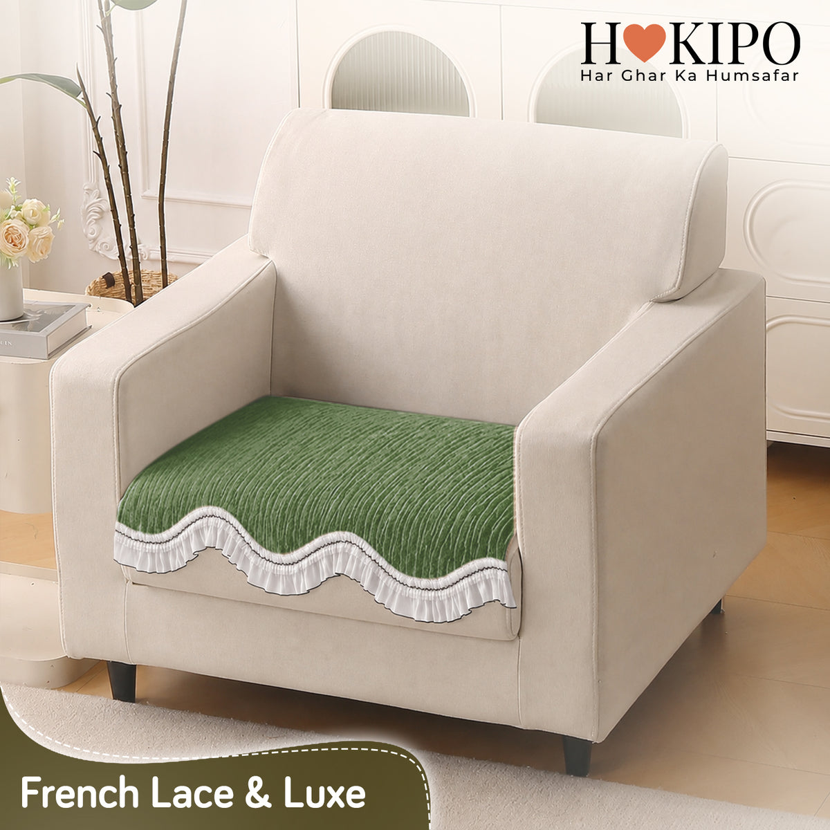 French Lace & Luxe with White Ruffle Edge Sofa Cover Mat, Willow Ash Green