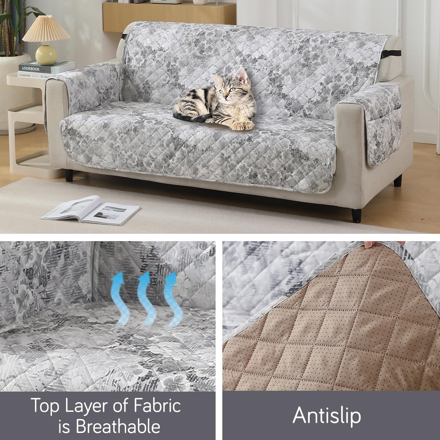 Quilted Waterproof Sofa Cover Mat with Pockets on Armrest Cover - Abstract Pale Grey