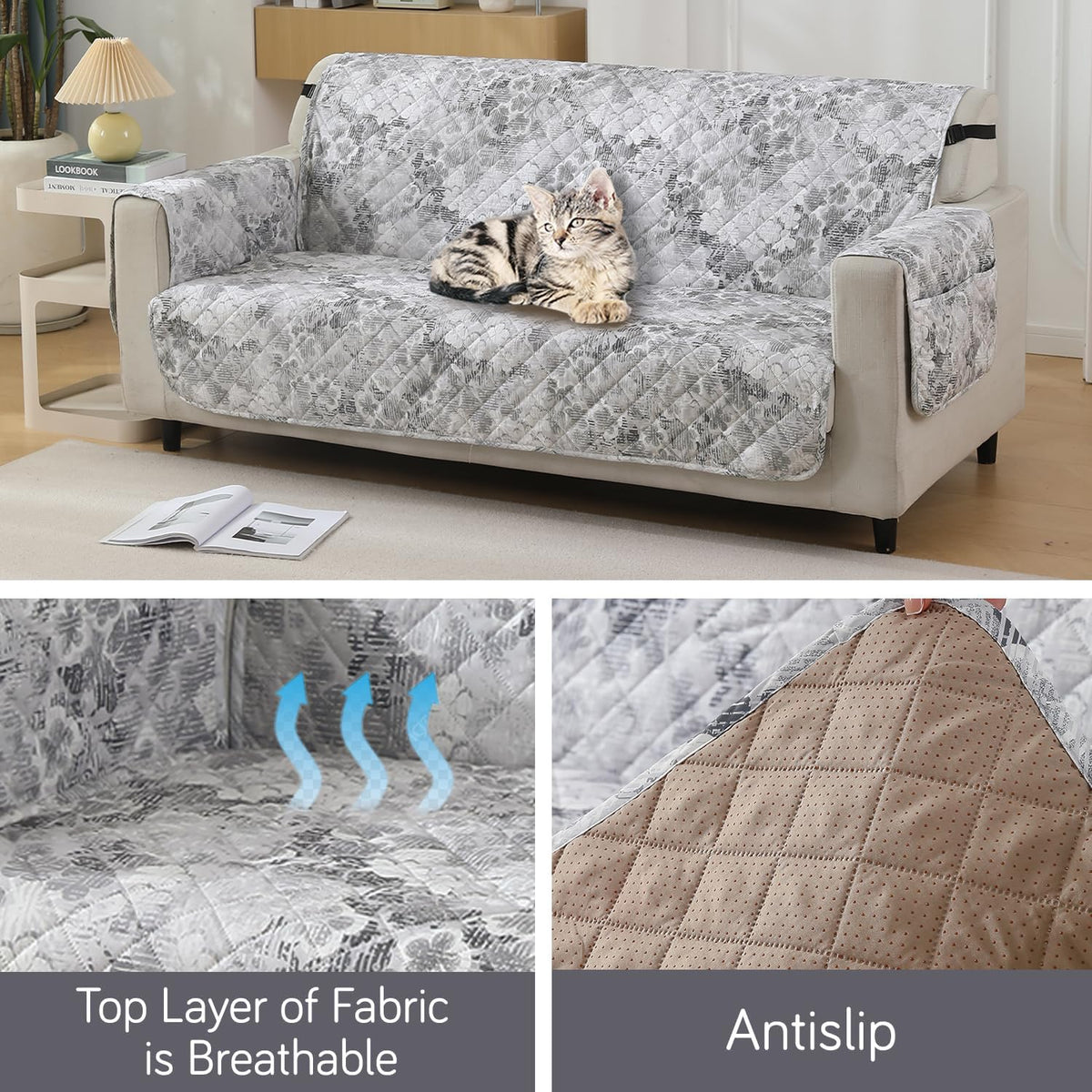 Abstract Pale Grey print 3 seater quilted waterproof sofa cover - Fabric & Anti-slip | Hokipo