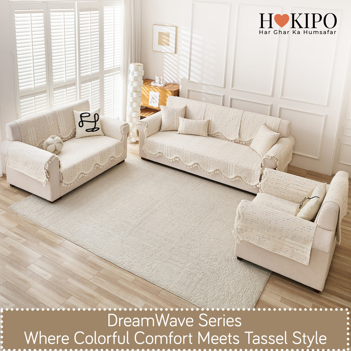 DreamWave Chenille with Tassels Sofa Cover Mat, Latte Beige