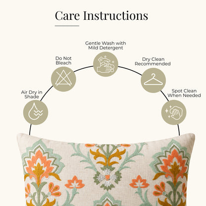 HOKIPO Heritage Bloom Embroidered Cushion Cover 16x16 in, Orange & Ivory