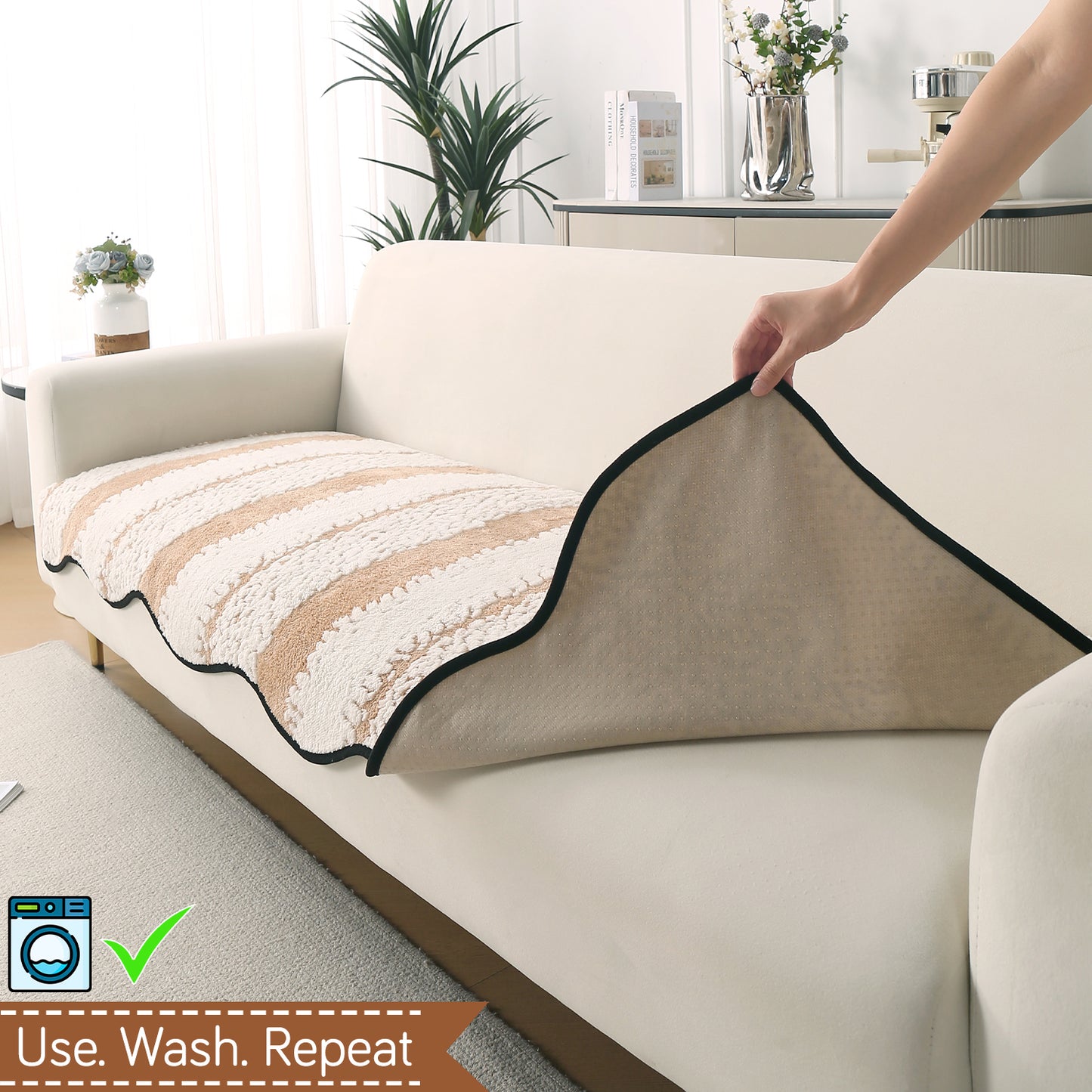 Luxury Wavy Plush Anti-Slip Sofa Cover Mats - Desert Brown