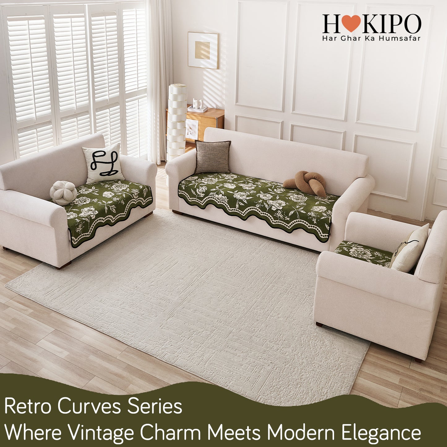 Chenille Sofa Cover Mat with Curvy Edges, 'Retro Curves Series' Sofa Mat, Olive Green
