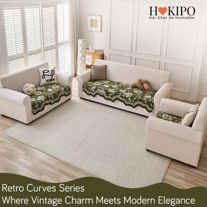 Chenille Sofa Cover Mat with Curvy Edges, 'Retro Curves Series' Sofa Mat, Olive Green