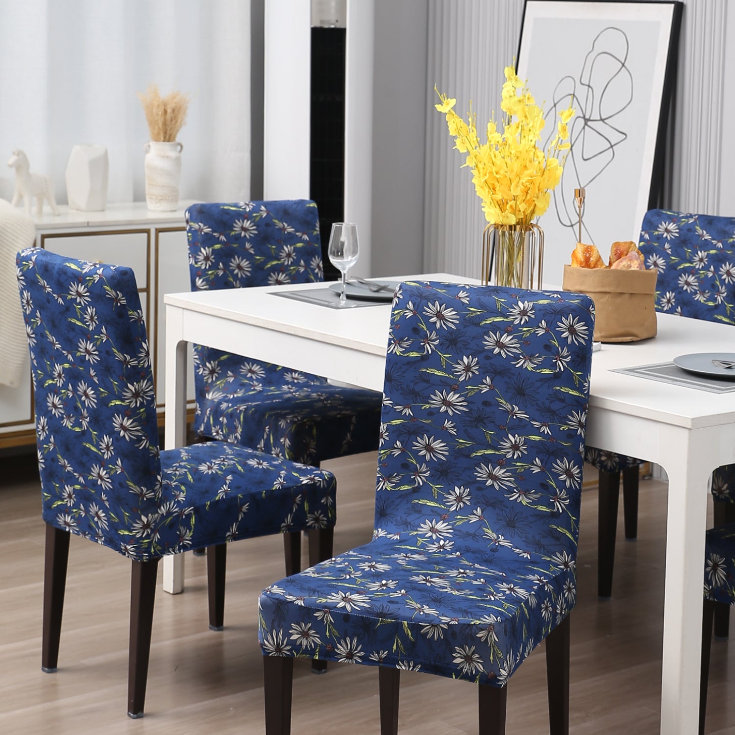 Elastic Stretchable Dining Chair Cover, Royal Blue White Flowers