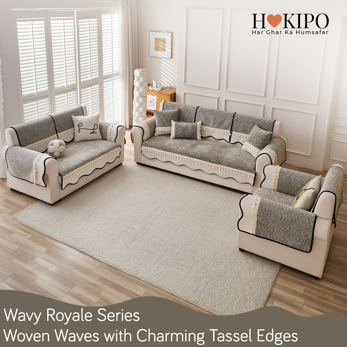 'Wavy Royale Series' Thick Woven Weave Chenille Sofa Cover with Tassel, Taupe Mist