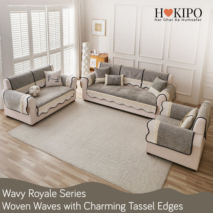 'Wavy Royale Series' Thick Woven Weave Chenille Sofa Cover with Tassel, Taupe Mist