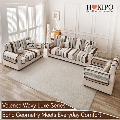 'Valenca Wavy Luxe Series' Boho Geometry Sofa Cover Mat, Brown