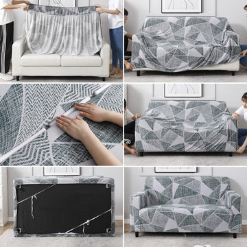 Step-by-step guide on How to put on Grey Geometric Abstract Print elastic sofa cover
