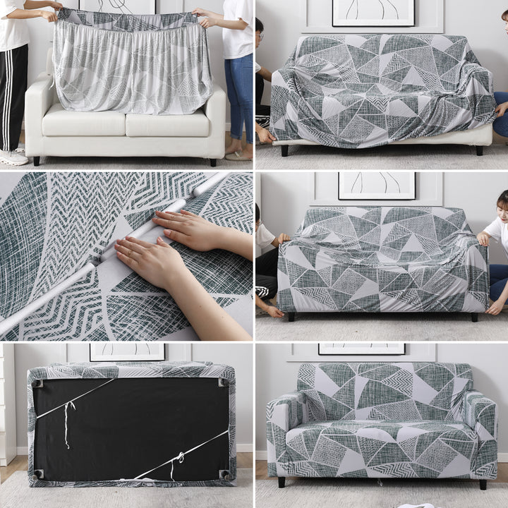 Step-by-step guide on How to put on Grey Geometric Abstract Print elastic sofa cover
