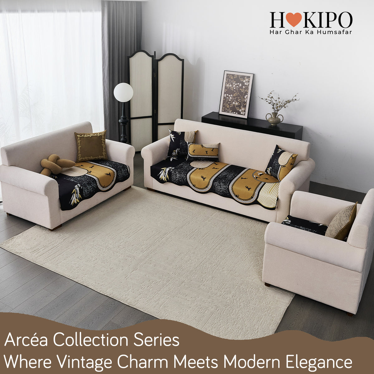 Arcea Chenille With Curved Edges Sofa Cover Mat, Mustard Gold Tribal