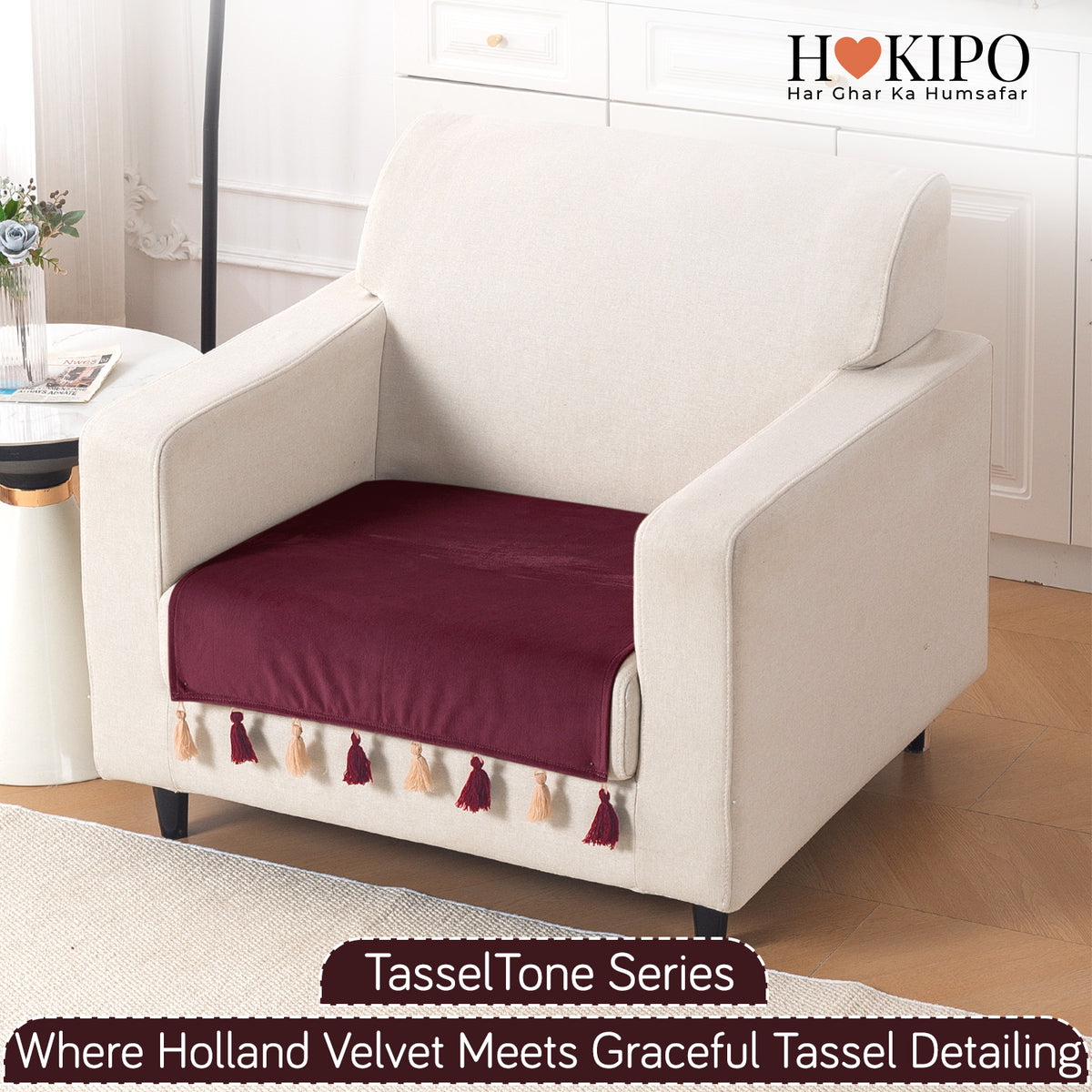 Tassel Tone Holland Velvet Sofa Cover Mat, Wine Red