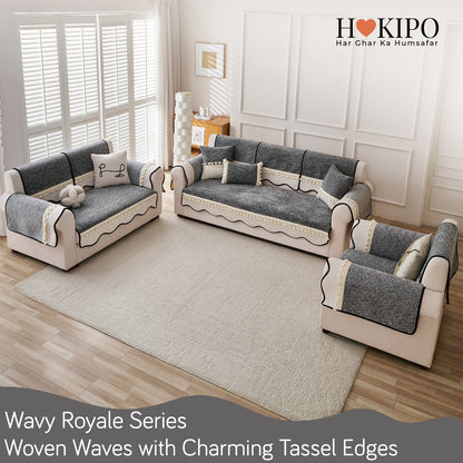 'Wavy Royale Series' Thick Woven Weave Chenille Sofa Cover with Tassel, Moon Grey