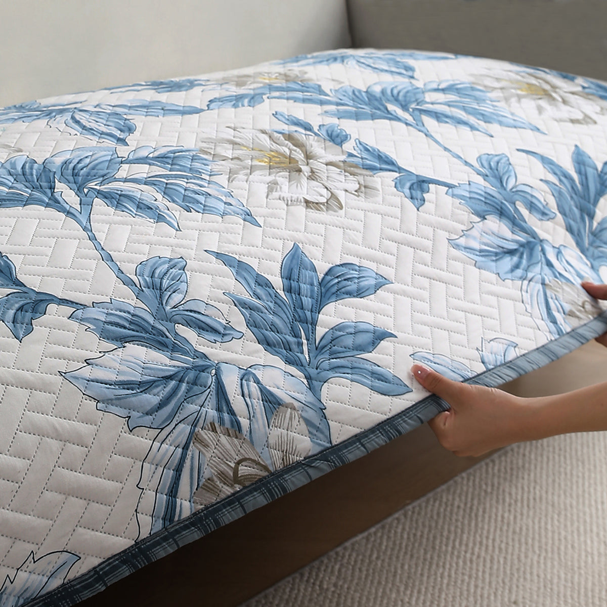 'Homehues' Printed Quilted Sofa Cover Mats, Celadon Blue Camellia