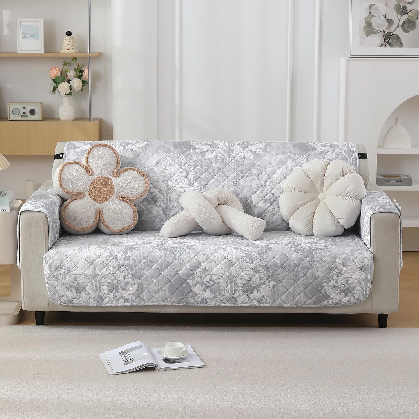 HOKIPO Quilted Waterproof Sofa Cover Mat with Pockets on Armrest Cover - Motifs Cloud Grey