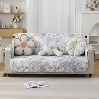 HOKIPO Quilted Waterproof Sofa Cover Mat with Pockets on Armrest Cover - Motifs Cloud Grey