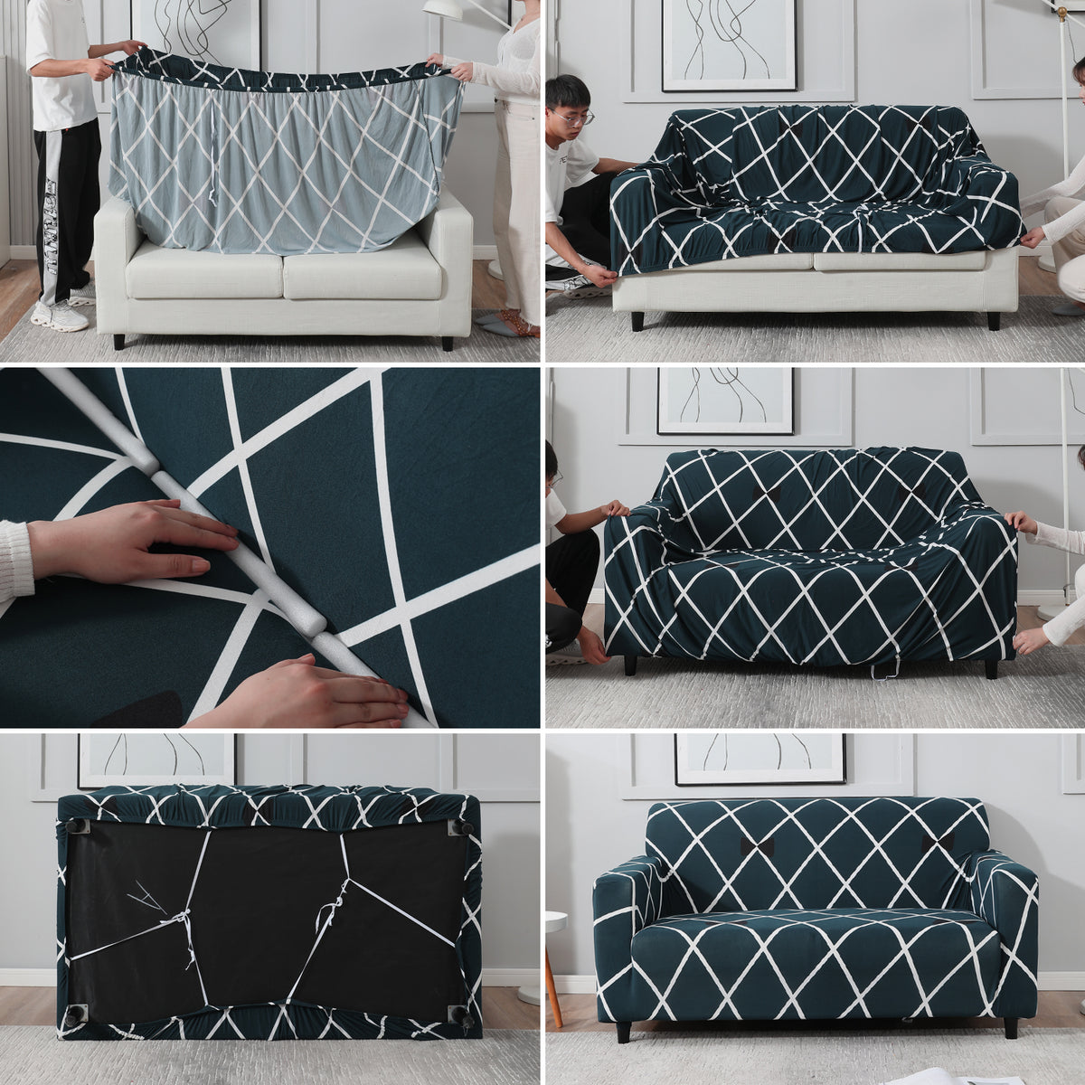 Step-by-step guide on How to put on Teal Diamond elastic sofa cover