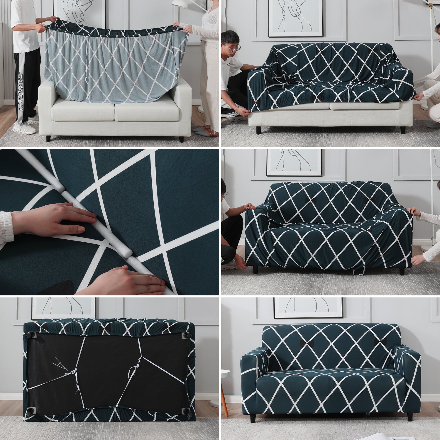 Step-by-step guide on How to put on Teal Diamond elastic sofa cover