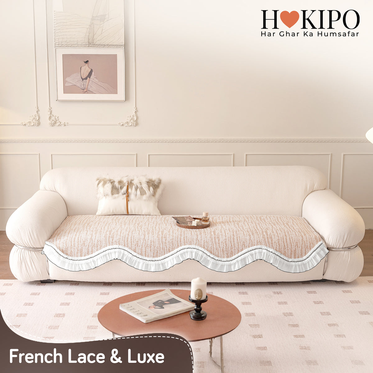 French Lace & Luxe with White Ruffle Edge Sofa Cover Mat, Oakwood Brown