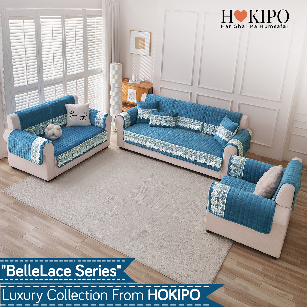 BelleLace Series Imperial Milk Velvet Sofa Cover Mat with Lace Design - Celdaon Blue