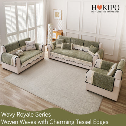 Thick Woven Weave Chenille Sofa Cover with Tassel|'Wavy Royale Series' Sage Green