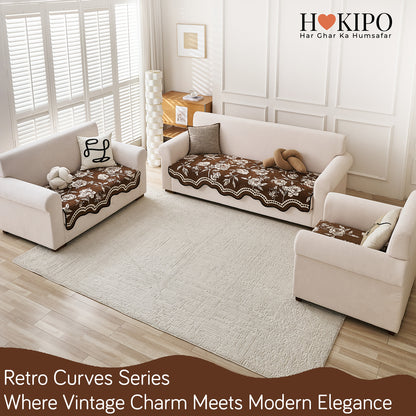 Chenille Sofa Cover Mat with Curvy Edges, 'Retro Curves Series' Sofa Mat, Walnut Brown